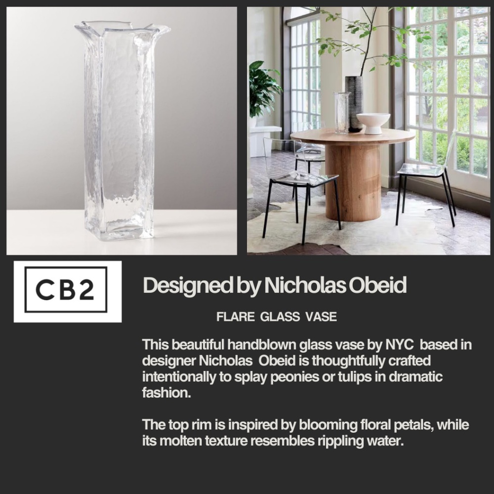 CB2 - FLARE Top CLEAR GLASS VASE by NICHOLAS OBEID NEW IN ORIGINAL SHIPPING BOX